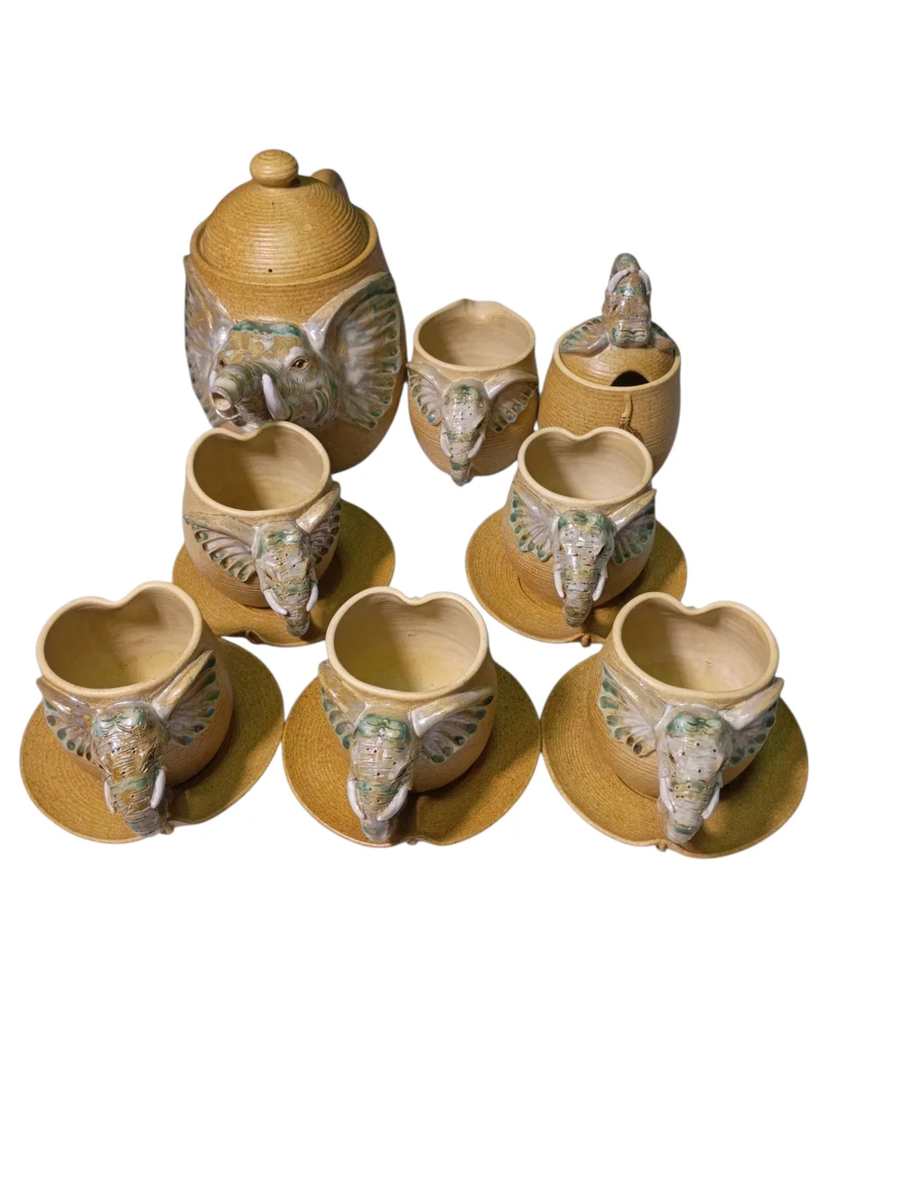 Handcrafted Elephant Ceramic Coffee Set in Tan 15 Pcs